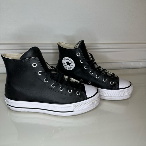 Converse Shoes - Lifted Black Leather Hightop Converse